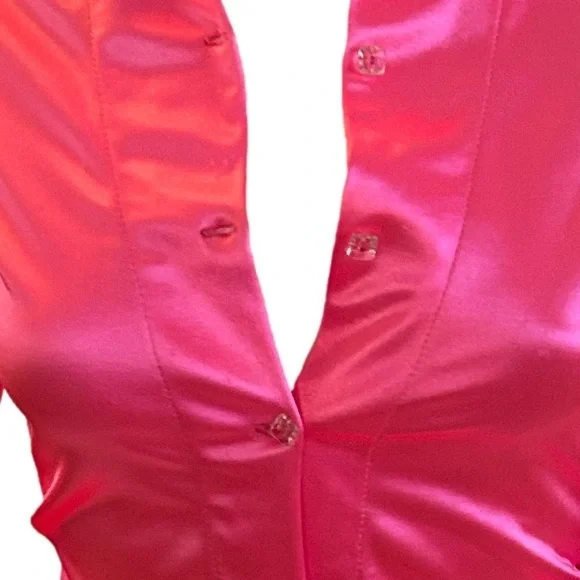 Deviations Vintage Hot Pink Barbie Top Button Down  Small Rare Crystal Bead - Picture 4 of 13